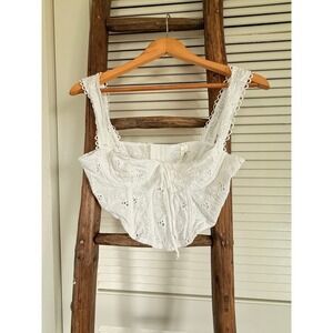 Mahina White Eyelet Lace Corset Crop Top Scalloped Trim Sleeveless Size M